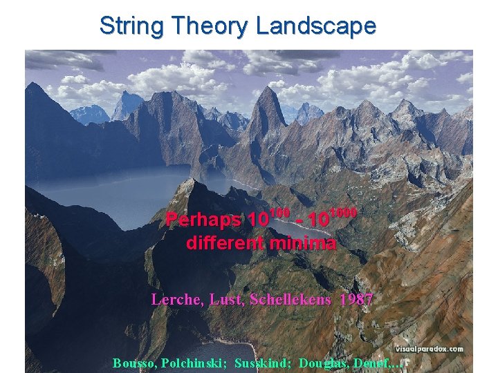 String Theory Landscape Perhaps 10100 - 101000 different minima Lerche, Lust, Schellekens 1987 Bousso,