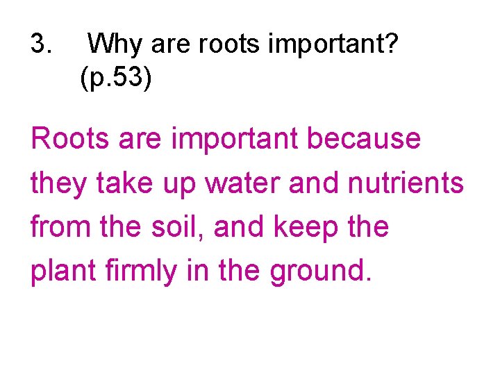 3. Why are roots important? (p. 53) Roots are important because they take up