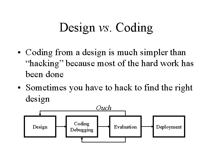 Design vs. Coding • Coding from a design is much simpler than “hacking” because