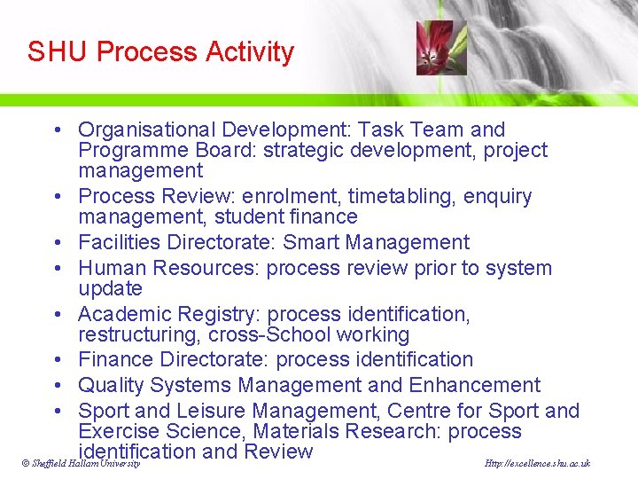 SHU Process Activity • Organisational Development: Task Team and Programme Board: strategic development, project SHU Process Activity • Organisational Development: Task Team and Programme Board: strategic development, project