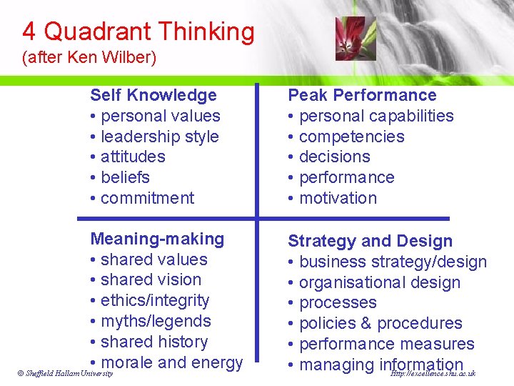 4 Quadrant Thinking (after Ken Wilber) Self Knowledge • personal values • leadership style