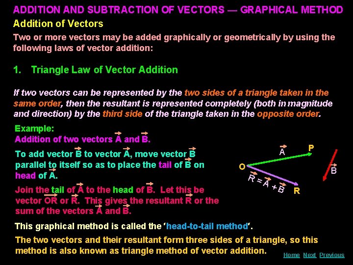 ADDITION AND SUBTRACTION OF VECTORS — GRAPHICAL METHOD Addition of Vectors Two or more