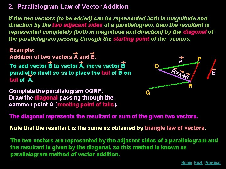 2. Parallelogram Law of Vector Addition If the two vectors (to be added) can