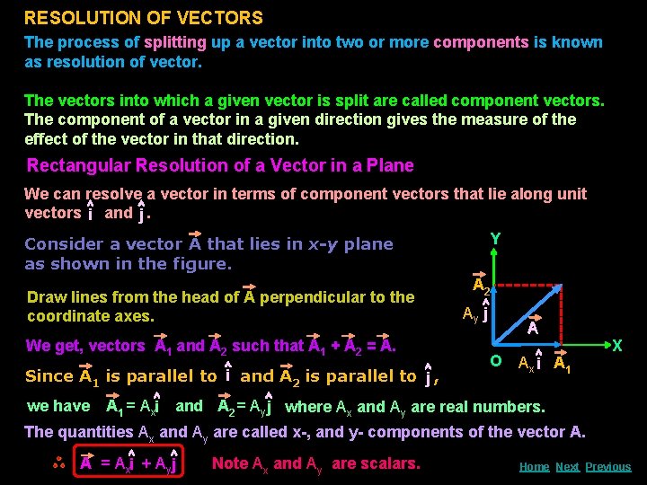 RESOLUTION OF VECTORS The process of splitting up a vector into two or more