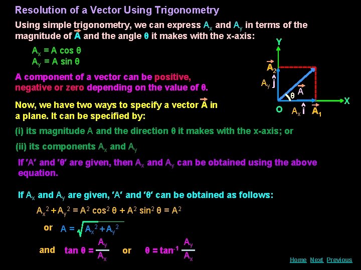 Resolution of a Vector Using Trigonometry Using simple trigonometry, we can express Ax and