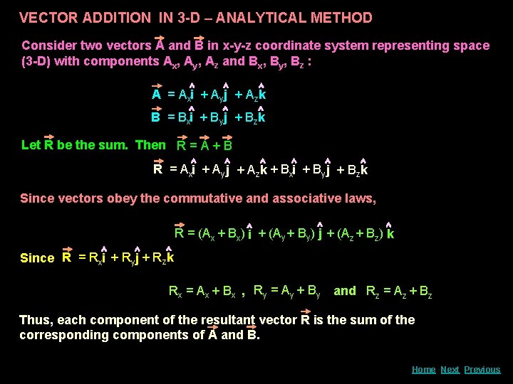 VECTOR ADDITION IN 3 -D – ANALYTICAL METHOD Consider two vectors A and B