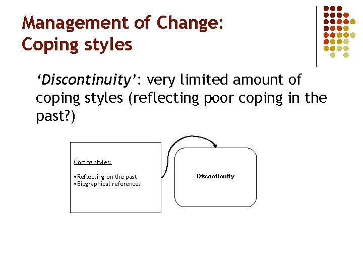 Management of Change: Coping styles ‘Discontinuity’: very limited amount of coping styles (reflecting poor
