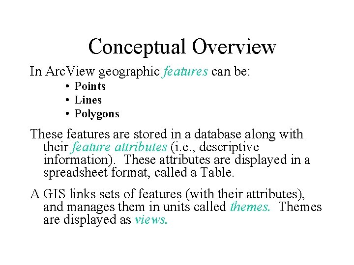 Conceptual Overview In Arc. View geographic features can be: • Points • Lines •