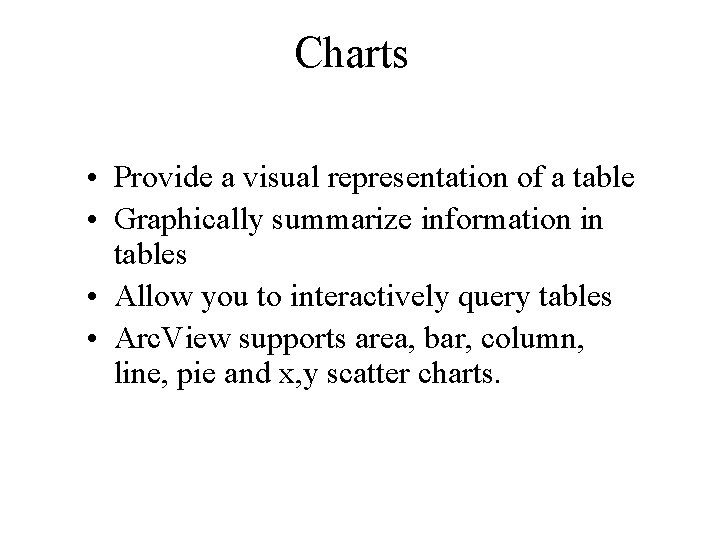 Charts • Provide a visual representation of a table • Graphically summarize information in