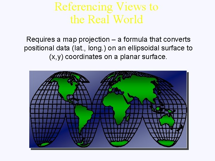 Referencing Views to the Real World Requires a map projection – a formula that