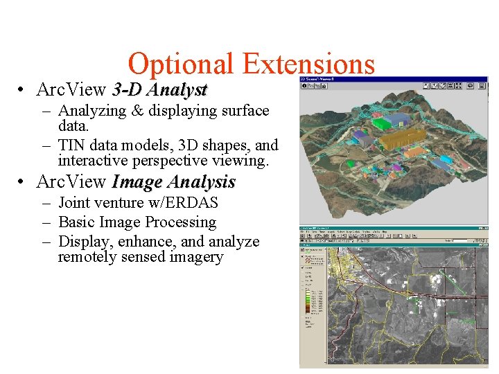 Optional Extensions • Arc. View 3 -D Analyst – Analyzing & displaying surface data.