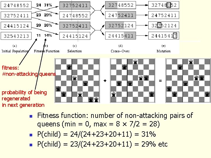 fitness: #non-attacking queens probability of being regenerated in next generation n Fitness function: number