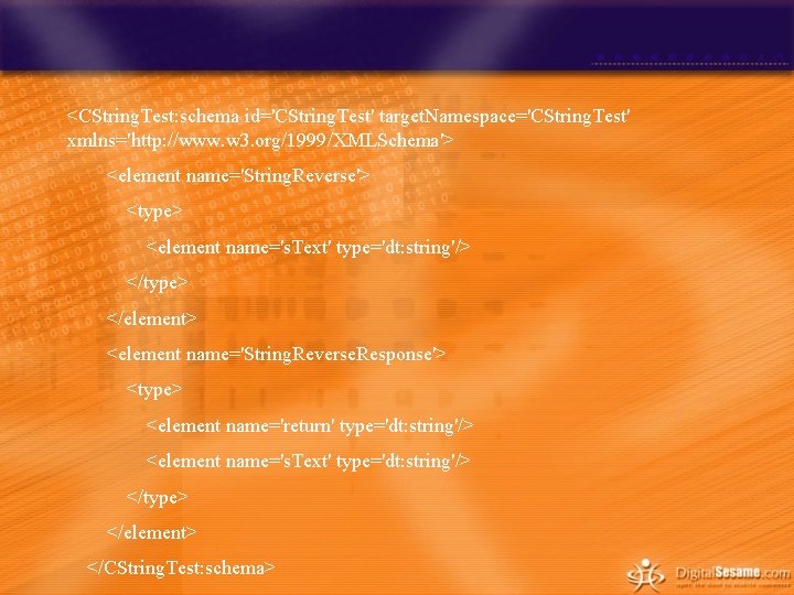 <CString. Test: schema id='CString. Test' target. Namespace='CString. Test' xmlns='http: //www. w 3. org/1999/XMLSchema'> <element <CString. Test: schema id='CString. Test' target. Namespace='CString. Test' xmlns='http: //www. w 3. org/1999/XMLSchema'> <element