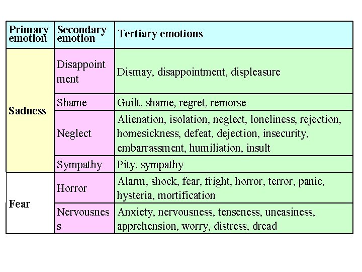 Primary Secondary Tertiary emotions emotion Sadness Fear Disappoint ment Dismay, disappointment, displeasure Shame Guilt,