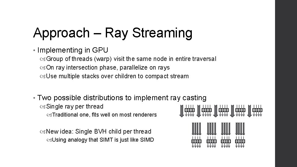 Approach – Ray Streaming • Implementing in GPU Group of threads (warp) visit the