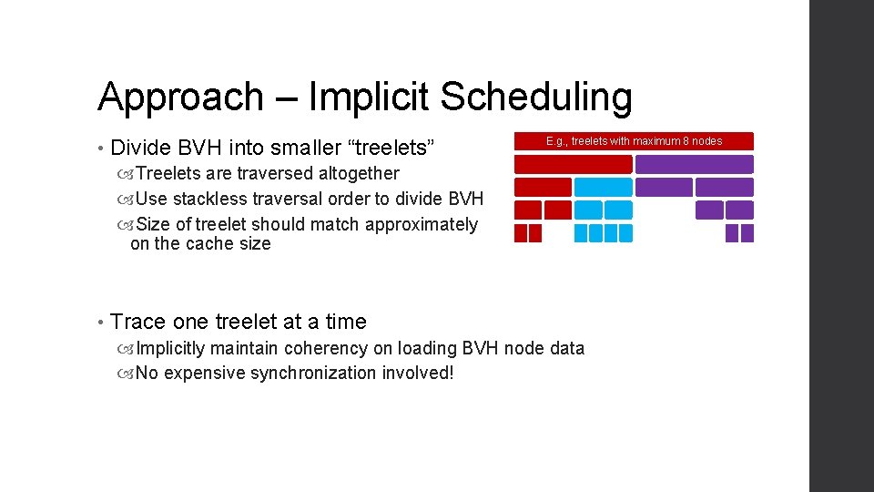 Approach – Implicit Scheduling • Divide BVH into smaller “treelets” E. g. , treelets