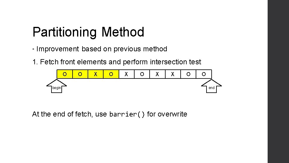 Partitioning Method • Improvement based on previous method 1. Fetch front elements and perform