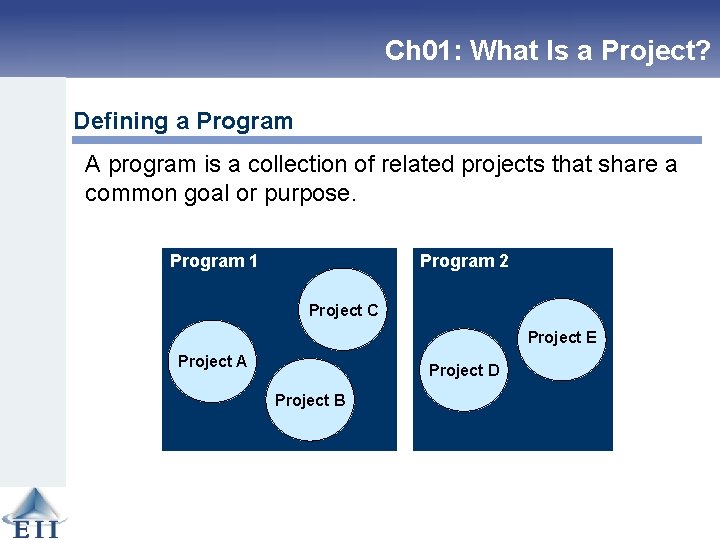 Ch 01: What Is a Project? Defining a Program A program is a collection