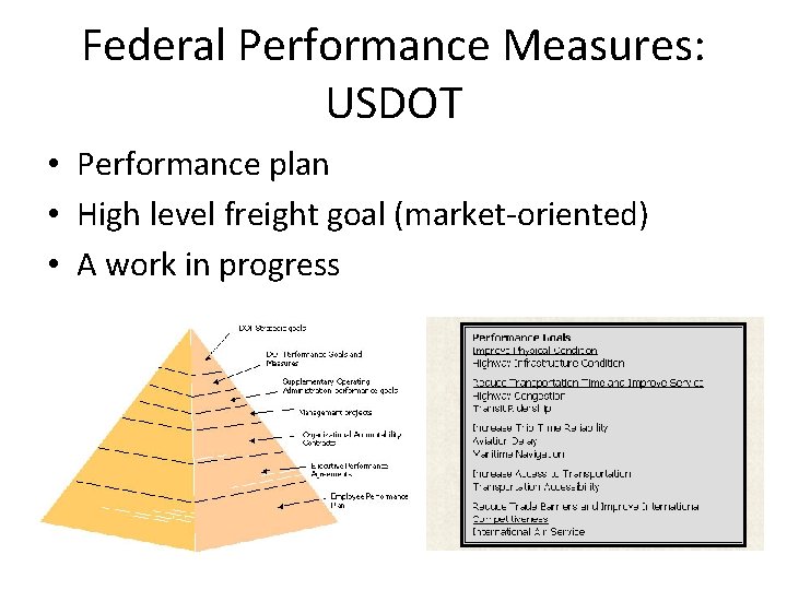 Federal Performance Measures: USDOT • Performance plan • High level freight goal (market-oriented) •