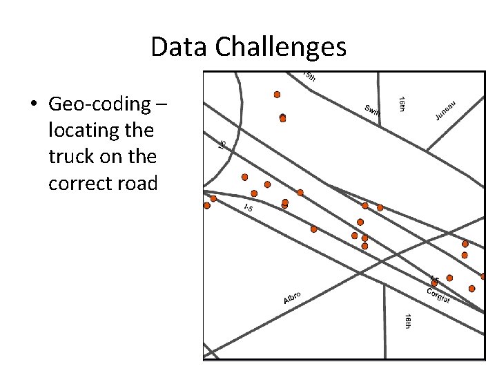 Data Challenges • Geo-coding – locating the truck on the correct road 