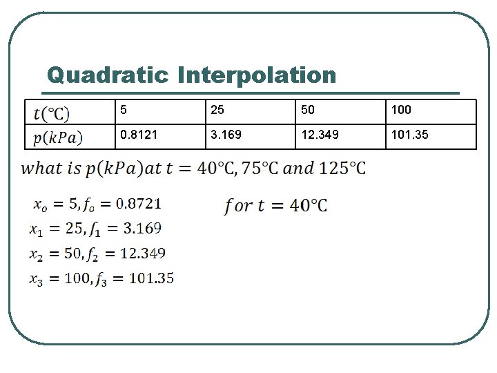 Quadratic Interpolation 5 25 50 100 0. 8121 3. 169 12. 349 101. 35 Quadratic Interpolation 5 25 50 100 0. 8121 3. 169 12. 349 101. 35