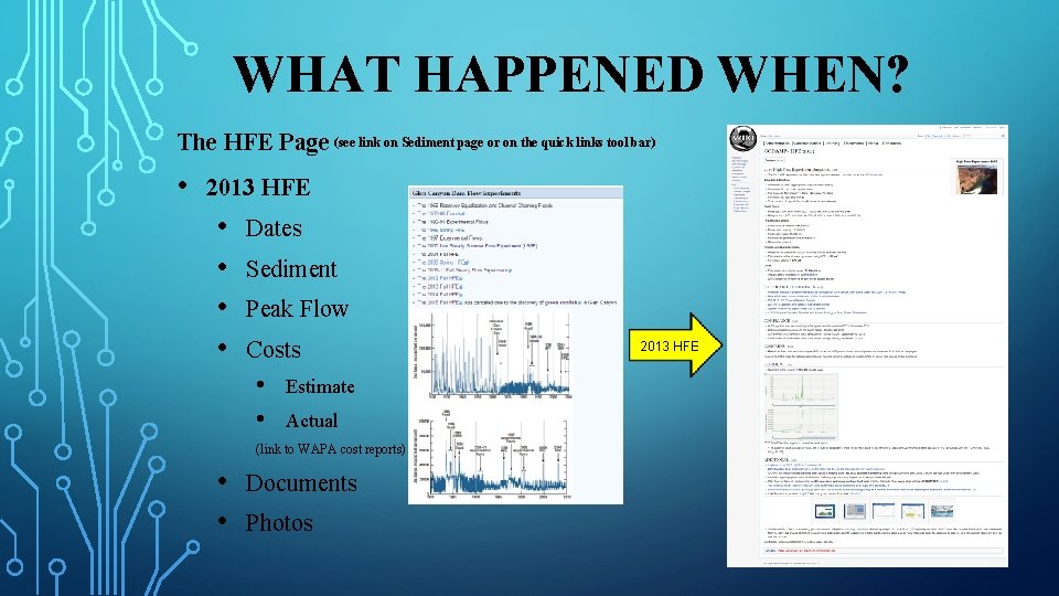 WHAT HAPPENED WHEN? The HFE Page (see link on Sediment page or on the
