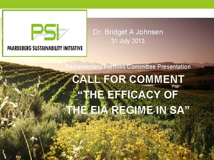 Dr. Bridget A Johnsen 31 July 2013 Parliamentary Portfolio Committee Presentation CALL FOR COMMENT