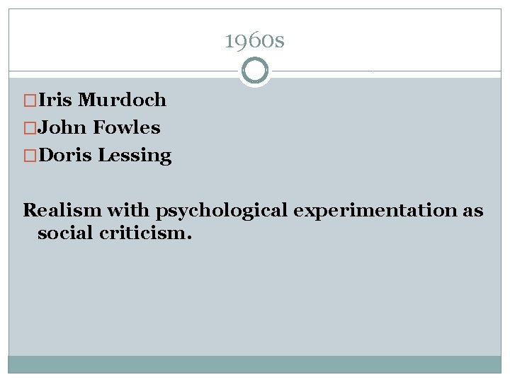 1960 s �Iris Murdoch �John Fowles �Doris Lessing Realism with psychological experimentation as social