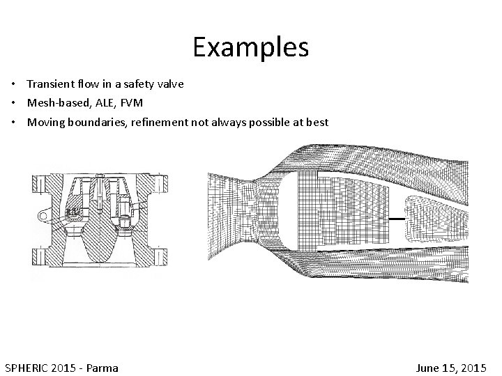 Examples • Transient flow in a safety valve • Mesh-based, ALE, FVM • Moving