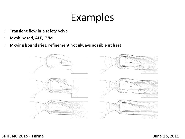 Examples • Transient flow in a safety valve • Mesh-based, ALE, FVM • Moving