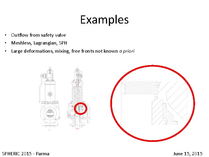 Examples • Outflow from safety valve • Meshless, Lagrangian, SPH • Large deformations, mixing,