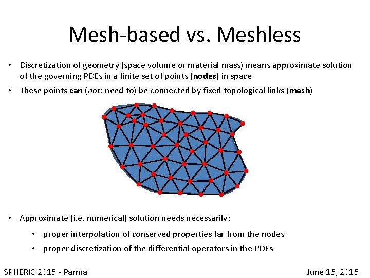 Mesh-based vs. Meshless • Discretization of geometry (space volume or material mass) means approximate