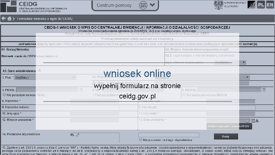 wniosek online wypełnij formularz na stronie ceidg. gov. pl 