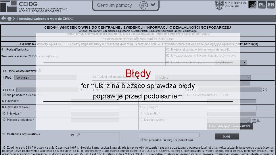 Błędy formularz na bieżąco sprawdza błędy popraw je przed podpisaniem 