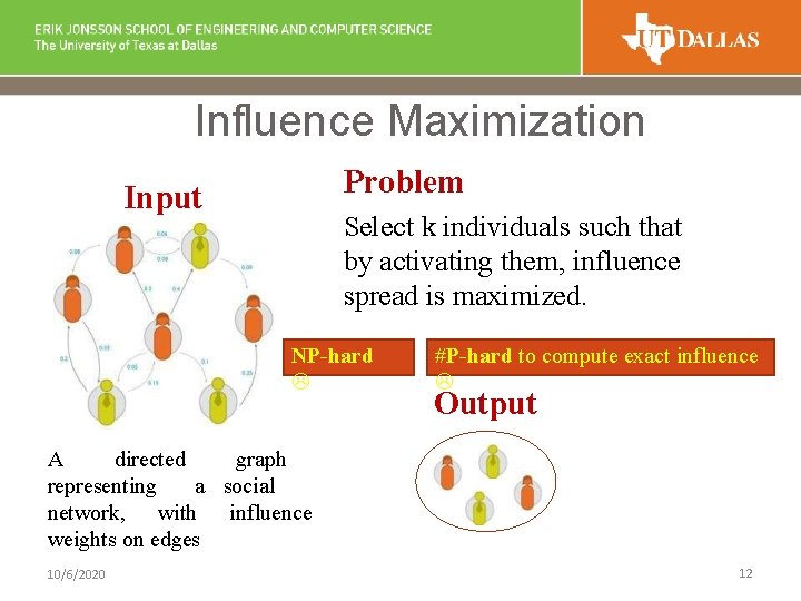 Influence Maximization Problem Input Select k individuals such that by activating them, influence spread