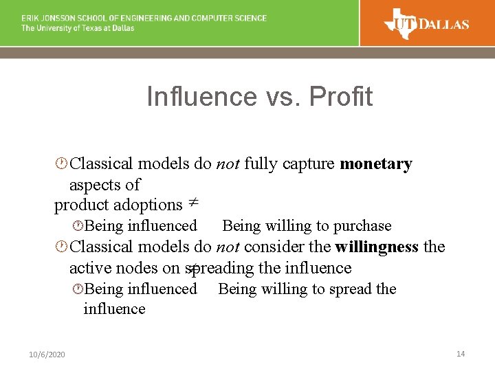 Influence vs. Profit · Classical models do not fully capture monetary aspects of product