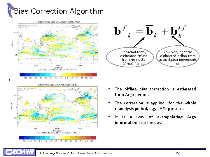 Bias Correction Algorithm Seasonal term, estimated offline from rich-data (Argo) Period Slow varying term,