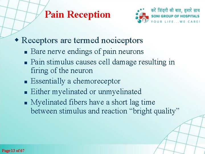 Pain Reception w Receptors are termed nociceptors n n n Page 13 of 67