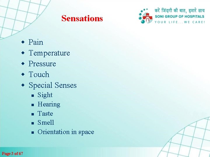 Sensations w w w Pain Temperature Pressure Touch Special Senses n n n Page