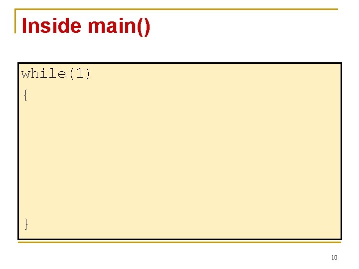 Inside main() while(1) { } 10 