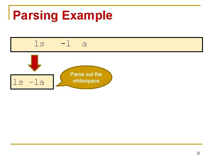 Parsing Example ls ls –la -l a Parse out the whitespace 21 