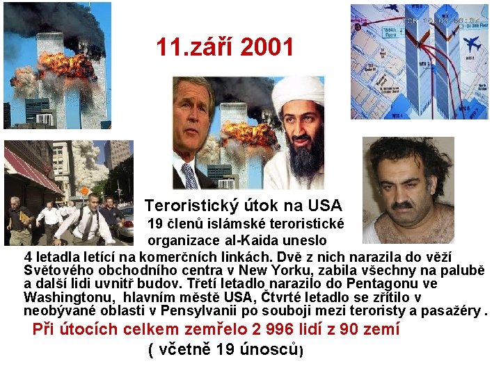 11. září 2001 Teroristický útok na USA 19 členů islámské teroristické organizace al-Kaida uneslo