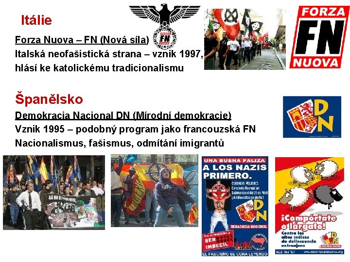 Itálie Forza Nuova – FN (Nová síla) Italská neofašistická strana – vznik 1997, hlásí