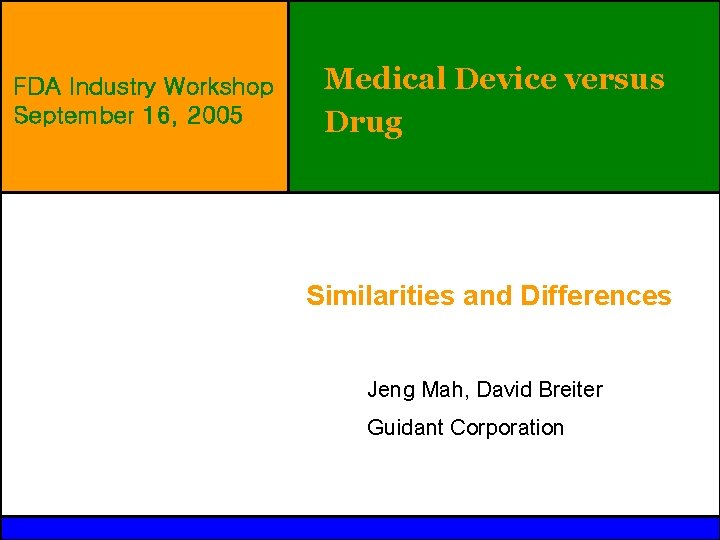 FDA Industry Workshop September 16, 2005 Medical Device versus Drug Similarities and Differences Jeng