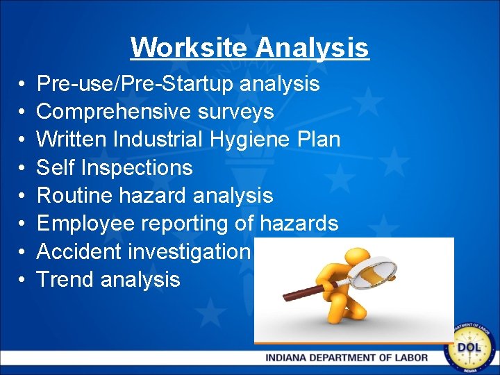 Worksite Analysis • • Pre-use/Pre-Startup analysis Comprehensive surveys Written Industrial Hygiene Plan Self Inspections