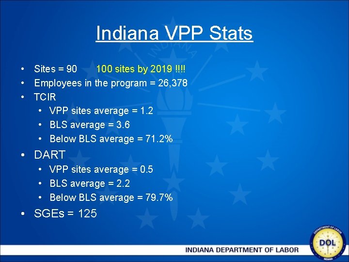 Indiana VPP Stats • Sites = 90 100 sites by 2019 !!!! • Employees