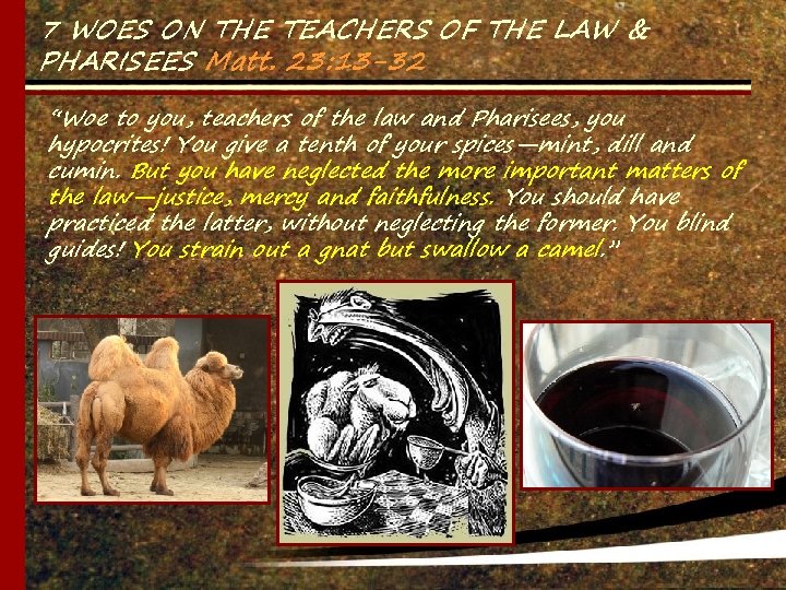 7 WOES ON THE TEACHERS OF THE LAW & PHARISEES Matt. 23: 13 -32