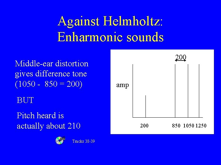 Against Helmholtz: Enharmonic sounds Middle-ear distortion gives difference tone (1050 - 850 = 200)