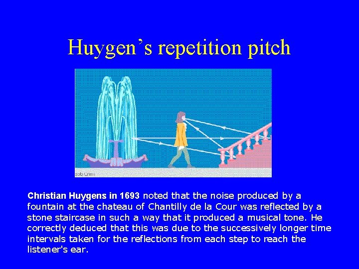 Huygen’s repetition pitch Christian Huygens in 1693 noted that the noise produced by a