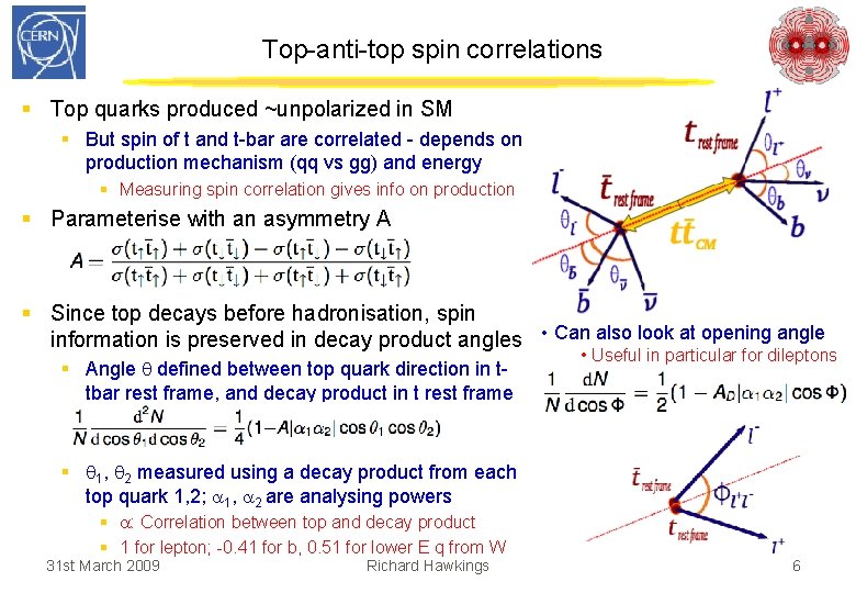 Top-anti-top spin correlations § Top quarks produced ~unpolarized in SM § But spin of